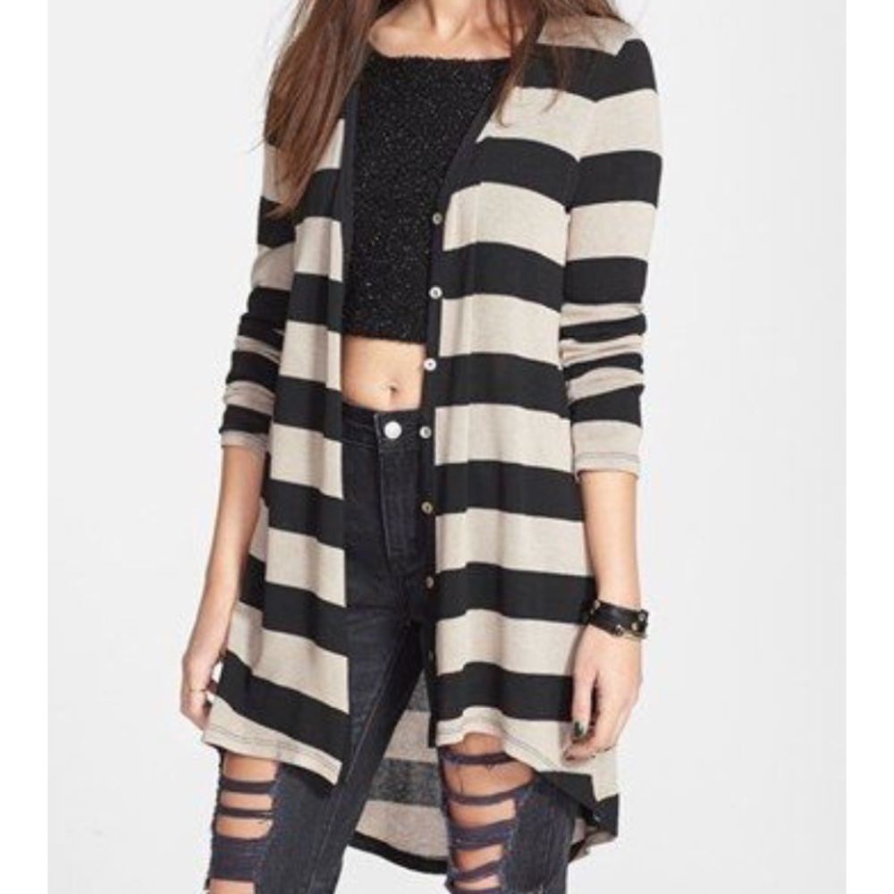 Super Long Striped Cardigan - Black and White